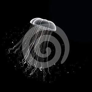 Black and white illustration of a jellyfish swimming on a plain background.