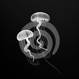 Black and white illustration of a jellyfish swimming on a plain background.