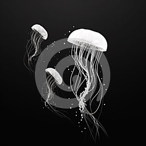 Black and white illustration of a jellyfish swimming on a plain background.