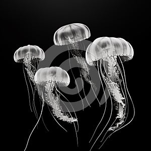 Black and white illustration of a jellyfish swimming on a plain background.