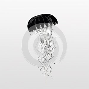 Black and white illustration of a jellyfish swimming on a plain background.