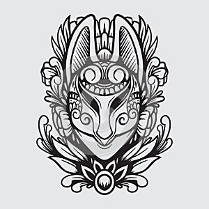 Black and white illustration of kitsune mask ornamental