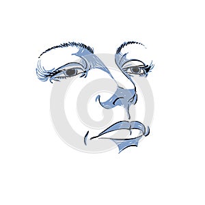 Black and white illustration of lady face, delicate visage features. Eyes and lips of a sorrowful woman, emotional expression.