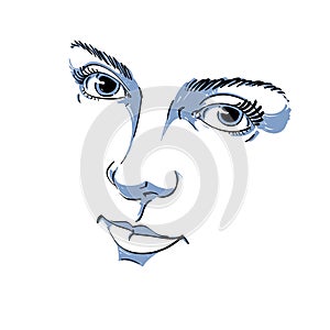 Black and white illustration of lady face, delicate visage features. Eyes and lips of a woman expressing positive emotions.