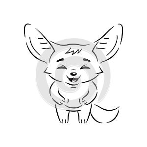 Black and white illustration of laughing fennec fox with paws on its belly