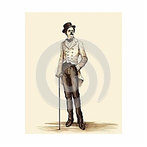 Black And White Illustration Of Man With Cane In Victorian-era Style