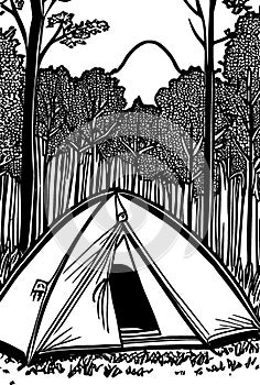 black and white illustration of a man and tent in the mountains