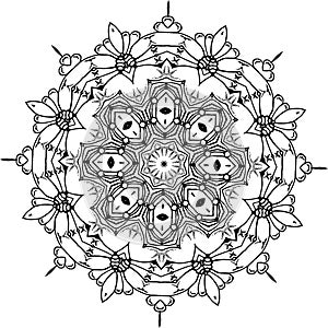 Black and white illustration of a mandala - a flower of life. Cosmic space.