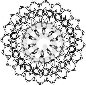 Black and white illustration of a mandala - a flower of life. Cosmic space.