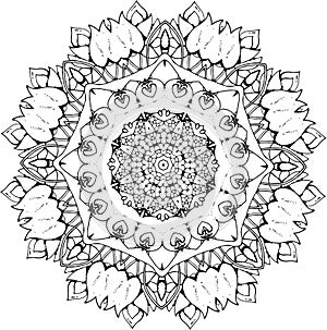 Black and white illustration of a mandala - a flower of life. Cosmic space.