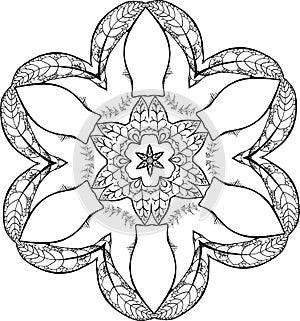 Black and white illustration of a mandala - a flower of life. Sacral leafs.