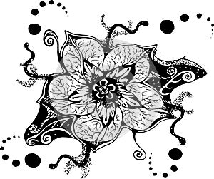 Black-white illustration of a mandala flower with patterns, ornaments, an idea for a tattoo.