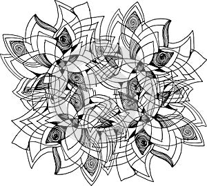 Black-white illustration of a mandala flower with patterns, ornaments, an idea for a tattoo.