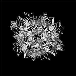 Black-white illustration of a mandala flower with patterns, ornaments, an idea for a tattoo. Chalk on a blackboard.