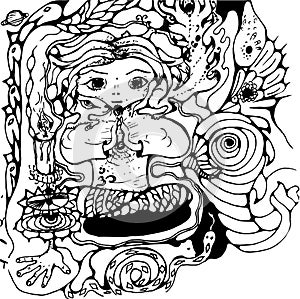 Black and white illustration of a meditator praying person, psychedellic animals, ornaments, patterns, magic.