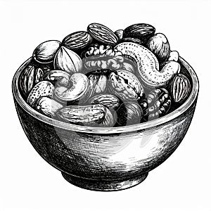 Black And White Illustration Of Mixed Nuts In Wooden Bowl