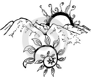 Black-white illustration of the mountains, the sun, the branches of a plant in a pattern. Black-white illustration.