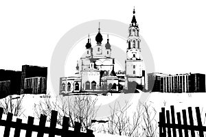 Black and white illustration of an Orthodox church building with a bell tower.