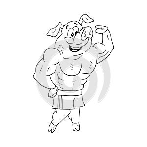 Black and white illustration of powerful male pig bodybuilder who shows his impressive muscles