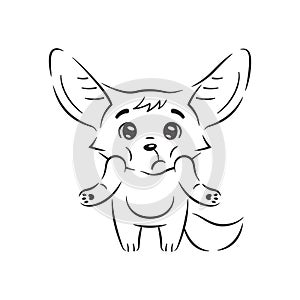 Black and white illustration of puzzled fennec fox who shrugs its shoulders