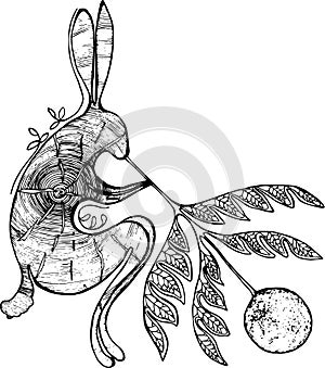 Black-white illustration of a rabbit that blows the moon through a twig of a plant with a pattern. Tattoo idea.