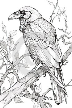 black-and-white illustration of a raven perched on a branch, coloring page
