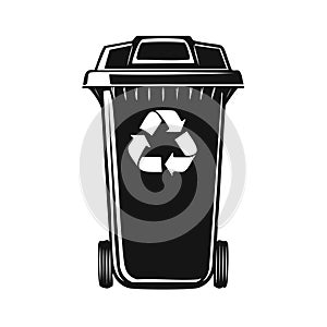 Black and white illustration of a recycling bin with a recycling symbol