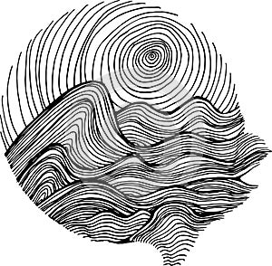 Black white illustration of sea waves and sky in hatching style.