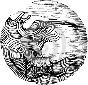 Black white illustration of sea waves and sky in hatching style. Tattoo idea.