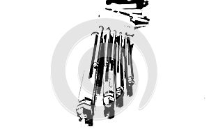 Black and white illustration - a set of hexagon keys on a white background