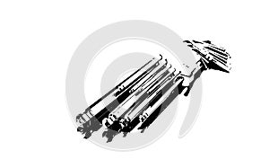 Black and white illustration - a set of hexagon keys on a white background