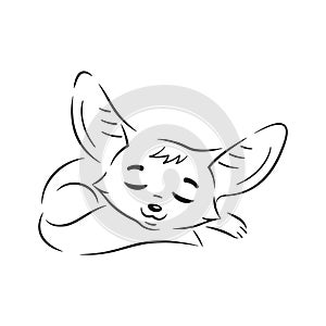 Black an white illustration of sleeping cartoon fennec fox