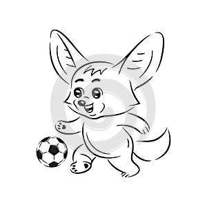 Black and white illustration of smiling fennec fox who plays soccer