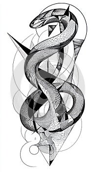 Black and white illustration of a snake with geometric patterns