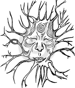 Black and white illustration of the spirit of the forest. Face with eyes closed and roots.