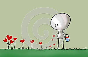 black and white illustration of a stickman sowing a heart seed.