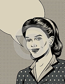 Black and white illustration in the style of the 40s. Beautiful girl smiling. Poster in vintage style. Fashionable housewif