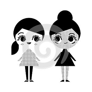 Black and white illustration of two girls in vintage style