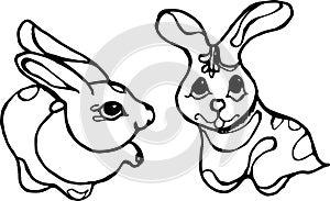 Black-white illustration of two rabbits in love. Chinese rabbits. Tattoo idea.