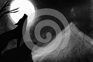 Black and white illustration of a wolf howling at the moon