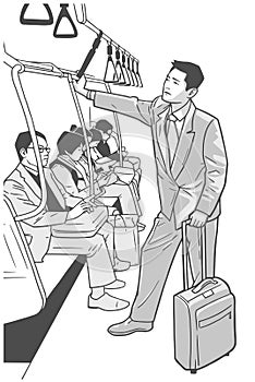 Black and white illustration of young business man on business trip