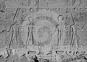 Black and white image of Ancient Egyptian hieroglyphs at Karnak Luxor Thebes Egypt