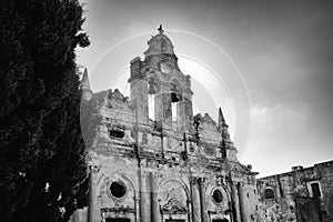 Black and white image of the Arkadi Monastery is an Eastern Orthodox monastery,