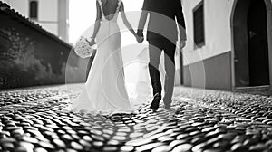 Black and white image of bride and groom holding hands and walking on a cobblestone street, capturing a moment of