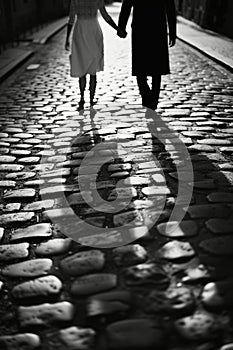 Black and white image of bride and groom holding hands and walking on a cobblestone street, capturing a moment of