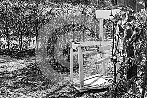 Black white image of a broken white chair in a garden Labyrinth, Germany