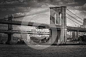 Black and white image of the Brooklyn Bridge in New York