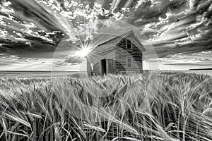 Black and white image captures decaying wooden house amidst wheat field under dynamic sky