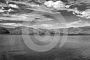 A Black and White Image of Carvin Cove Reservoir and Tinker Mountain