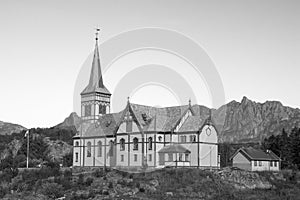 Black and white image of the church of Vagan, Vaganveien, Kabelvag, Lofoten Islands, Norway